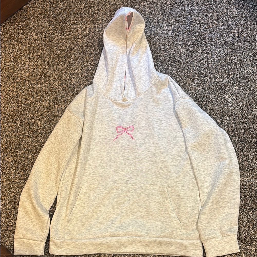 Gray Hoodie with Pink Bow Embroidery